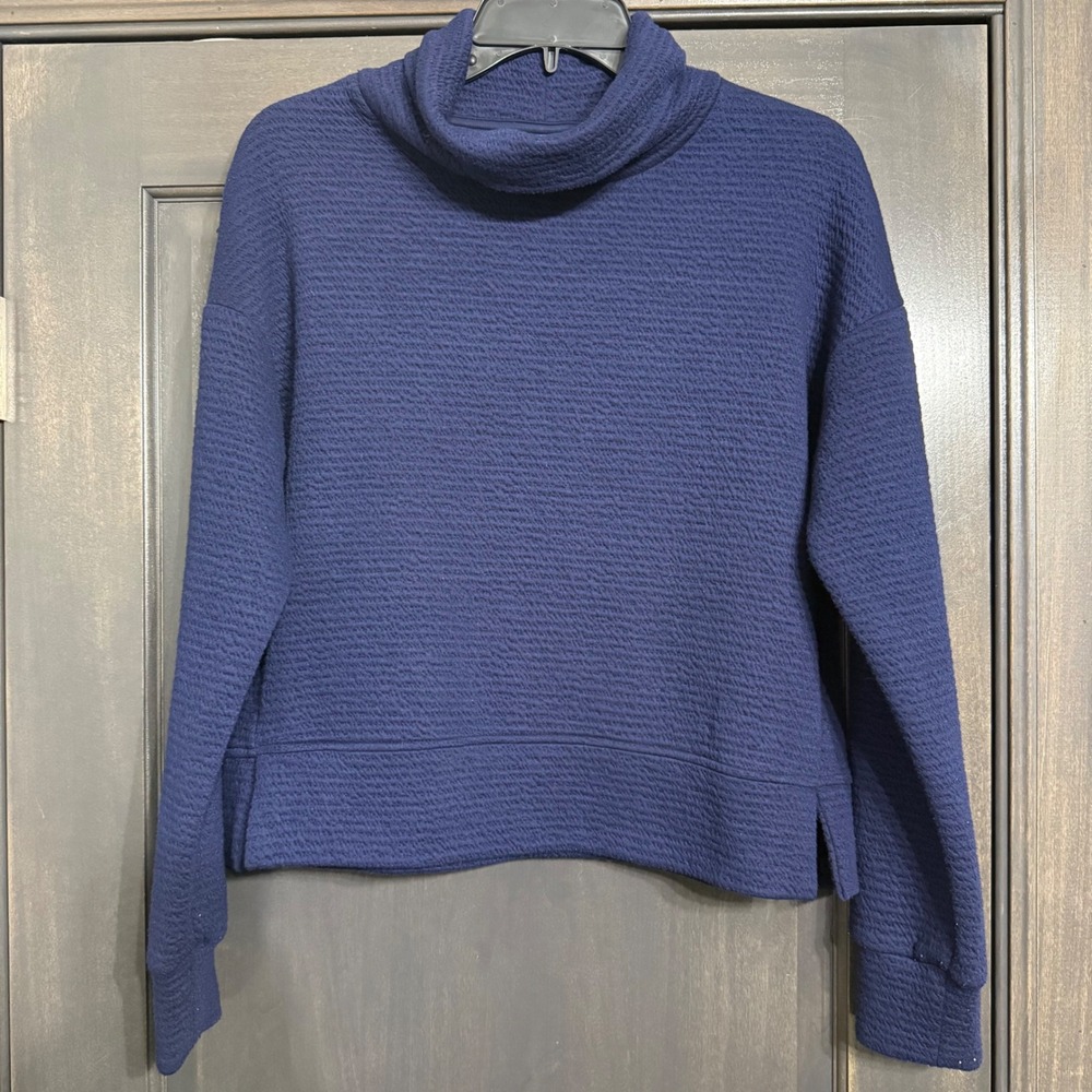 Calia Navy Blue Textured Cowl Neck Pullover Sweatshirt Women Small Side Slits